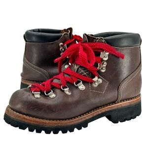 Vintage Hiking Boots JC Penney Lace Up Brown Leather Red Laces Vibram Soles 7.5